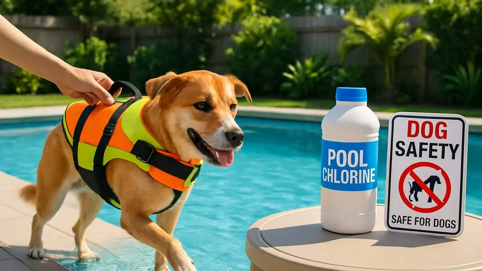 A dog on the side of a pool with a container of chlorine