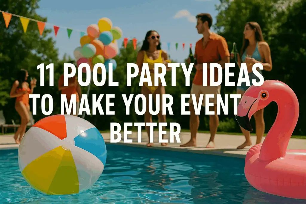 People enjoying a sunny outdoor pool party with swimming, lounging, and socializing around a large swimming pool.