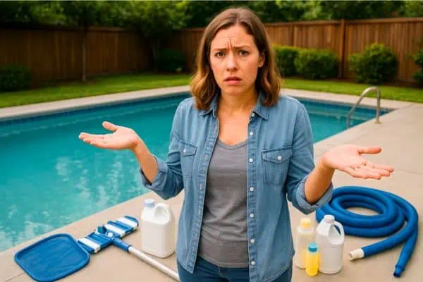 a woman standing next to her backyard pool looking confused surrounded by pool cleaning tools and chemicals