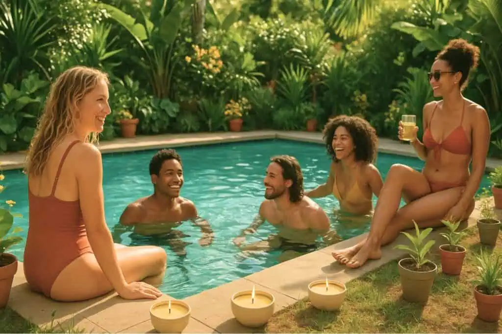 People enjoying a sunny pool party outdoors with plants and candles placed around to keep bugs away.