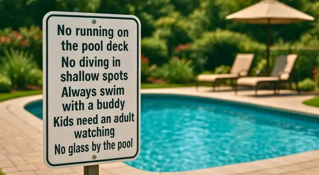 notice next to a beautiful backyard pool with the following on it: No running on the pool deck, No diving in shallow spots, Always swim with a buddy, Kids need an adult watching, No glass by the pool
