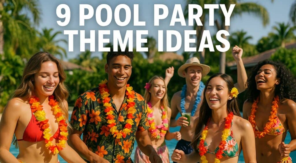 people at an hawaiian pool party