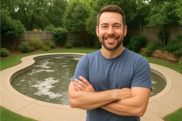 a man smiling with his arms crossed while stading in front of his kidney shaped backyard pool with white faom on