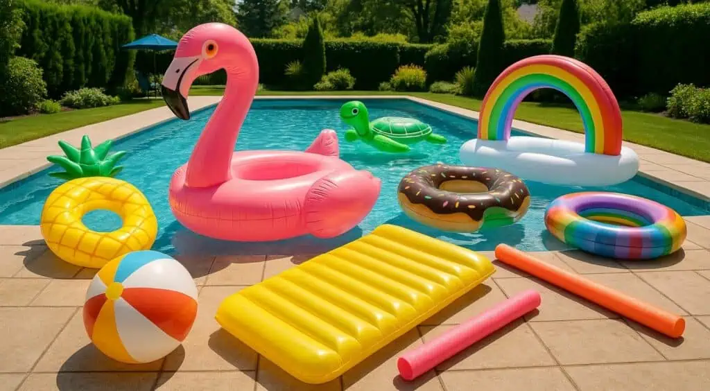 various inflatable pool toys, floats and other fun pool equipment lying around a beautiful backyard poo
