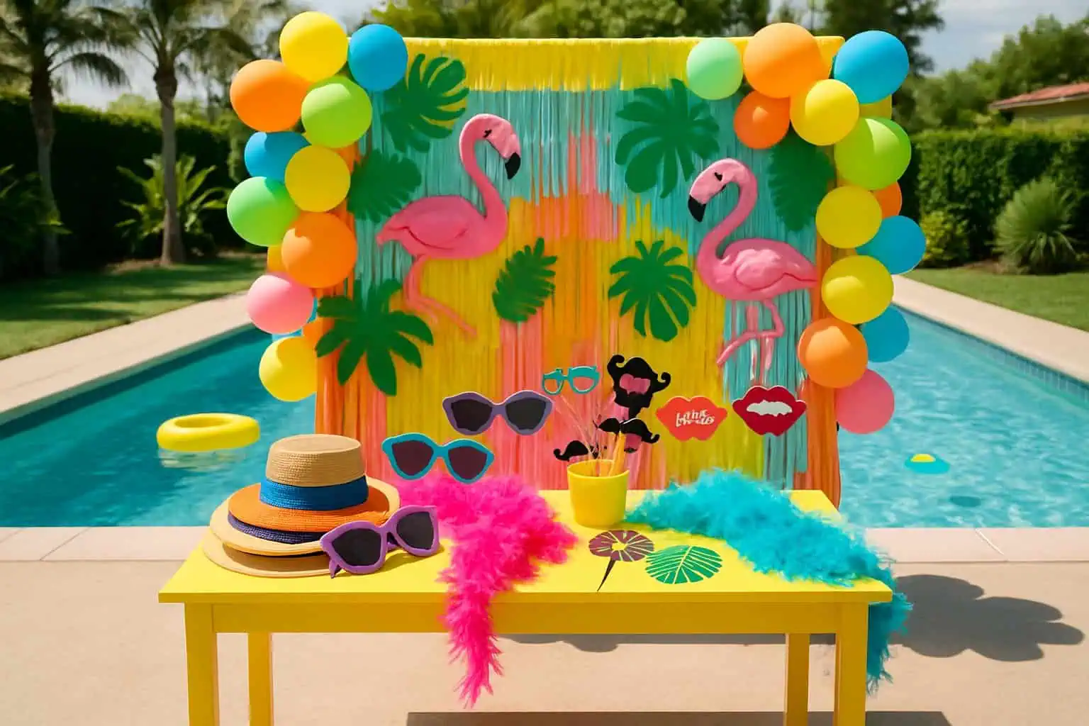 A poolside photo booth setup with colorful tropical decorations and fun props next to a sparkling swimming pool.