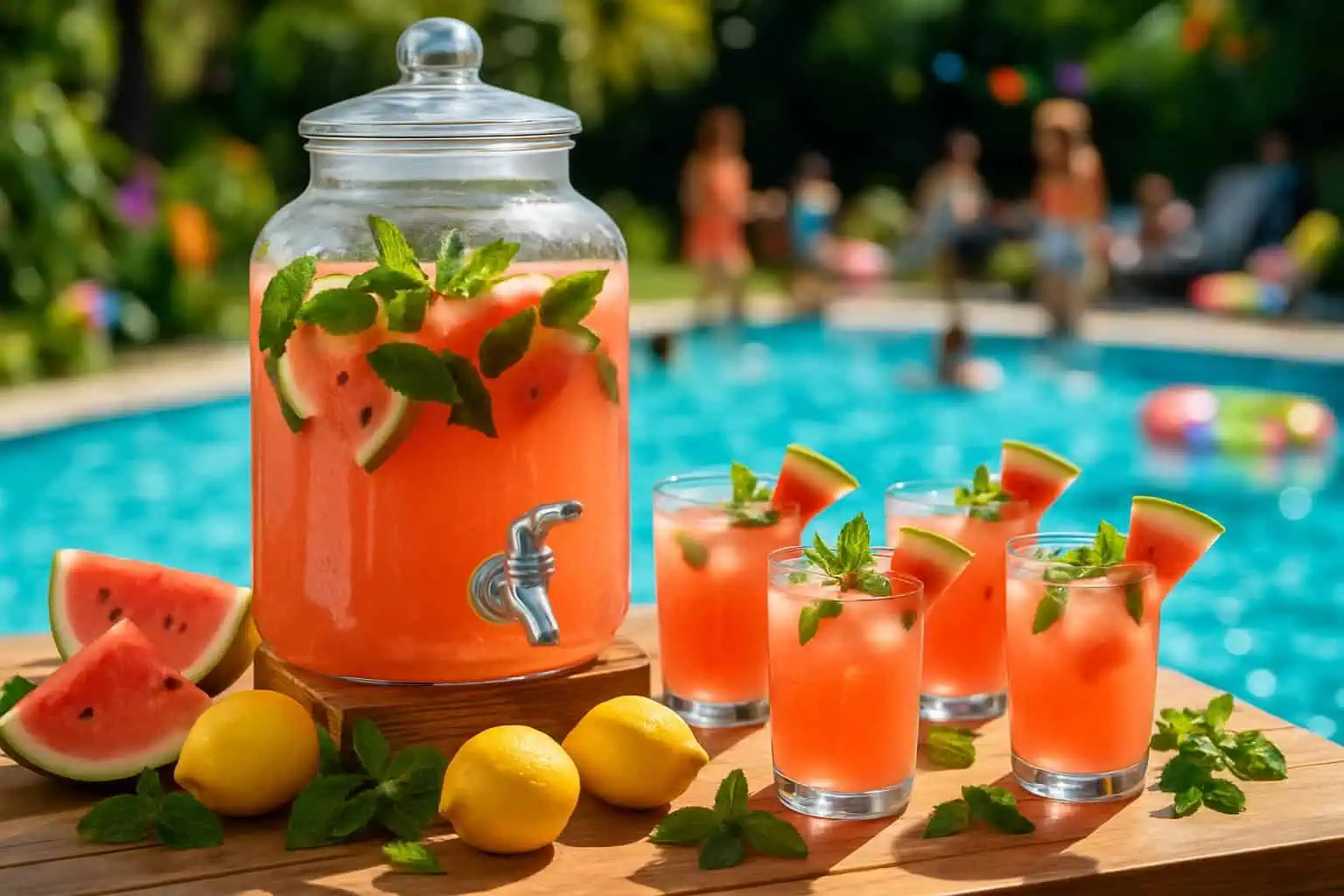 A poolside table with a glass dispenser of watermelon mint lemonade, glasses garnished with mint and watermelon slices, fresh fruit on the table, and a swimming pool in the background.