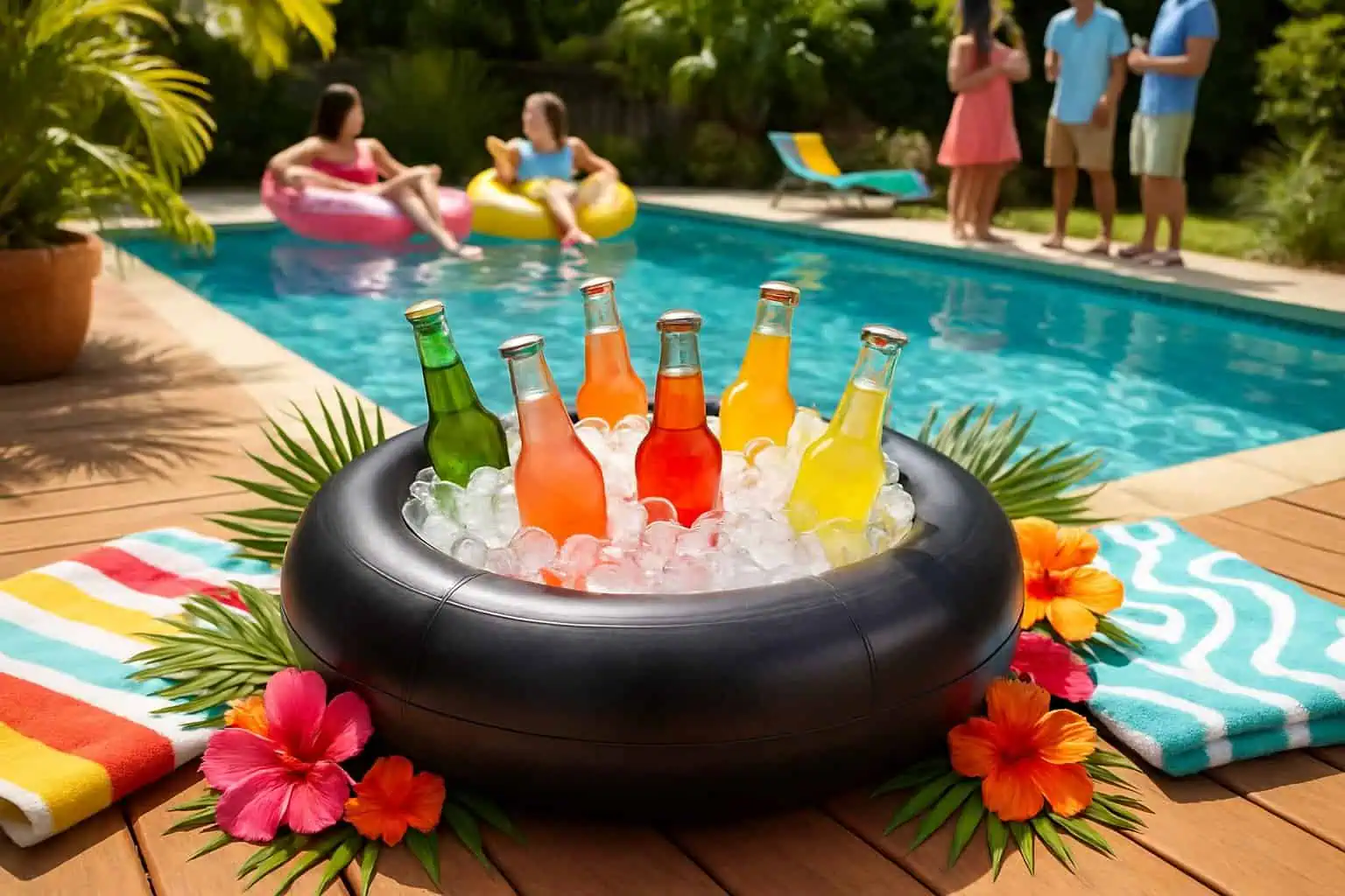 Outdoor pool party scene with a DIY inner tube cooler filled with ice and drinks beside a swimming pool, surrounded by summer decorations and people enjoying the sunny day.