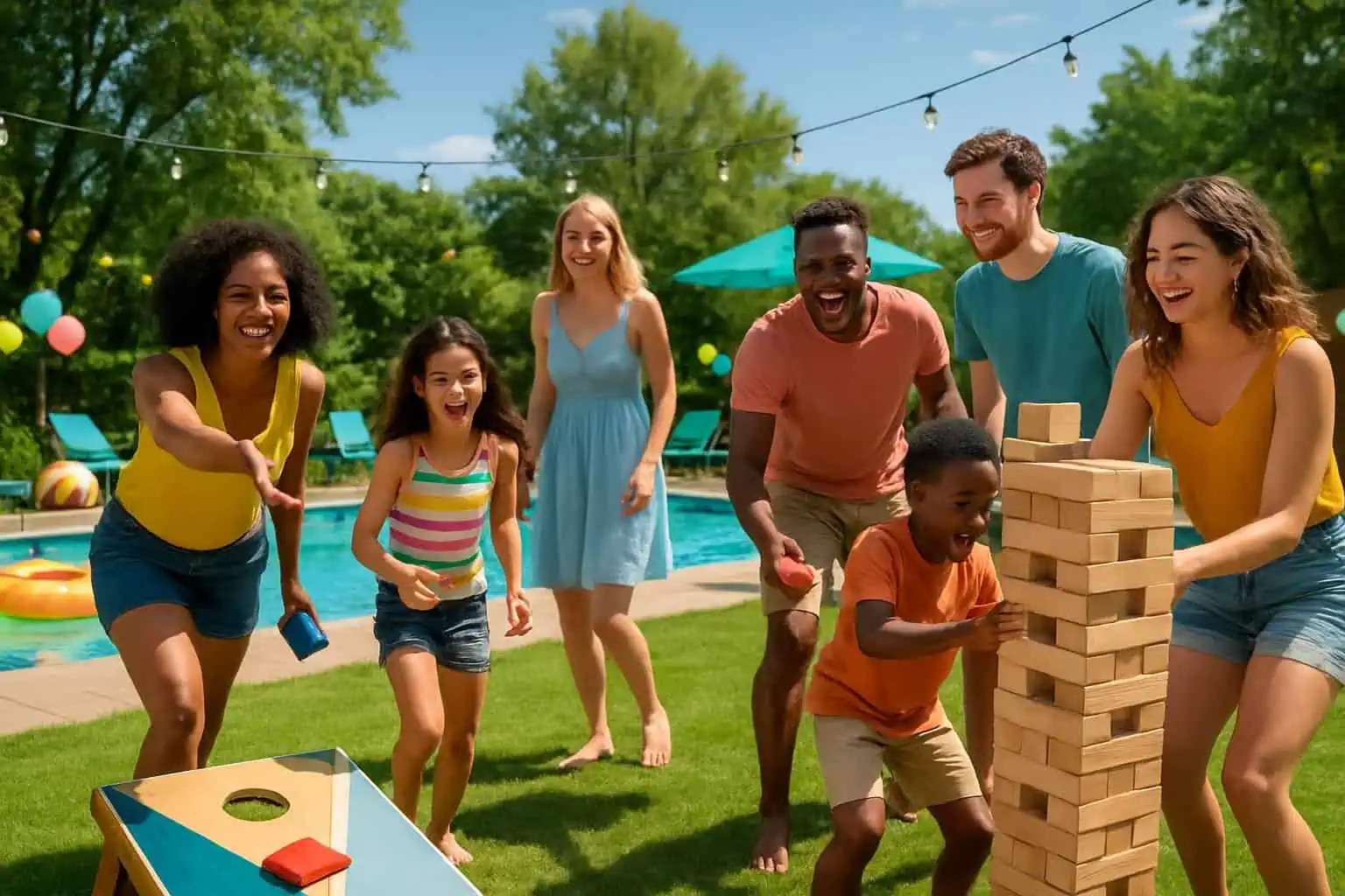 People playing cornhole and giant Jenga near a pool during a sunny outdoor party.