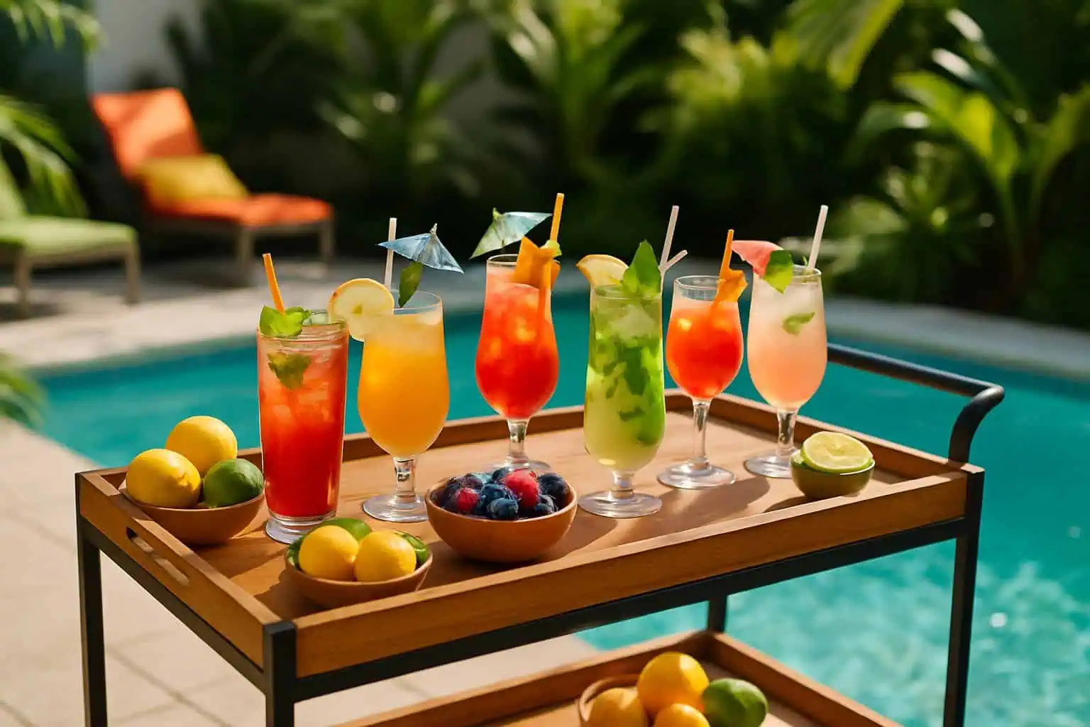 Outdoor drink cart by a swimming pool with colorful summer cocktails and mocktails, fresh fruit garnishes, and poolside lounge chairs.
