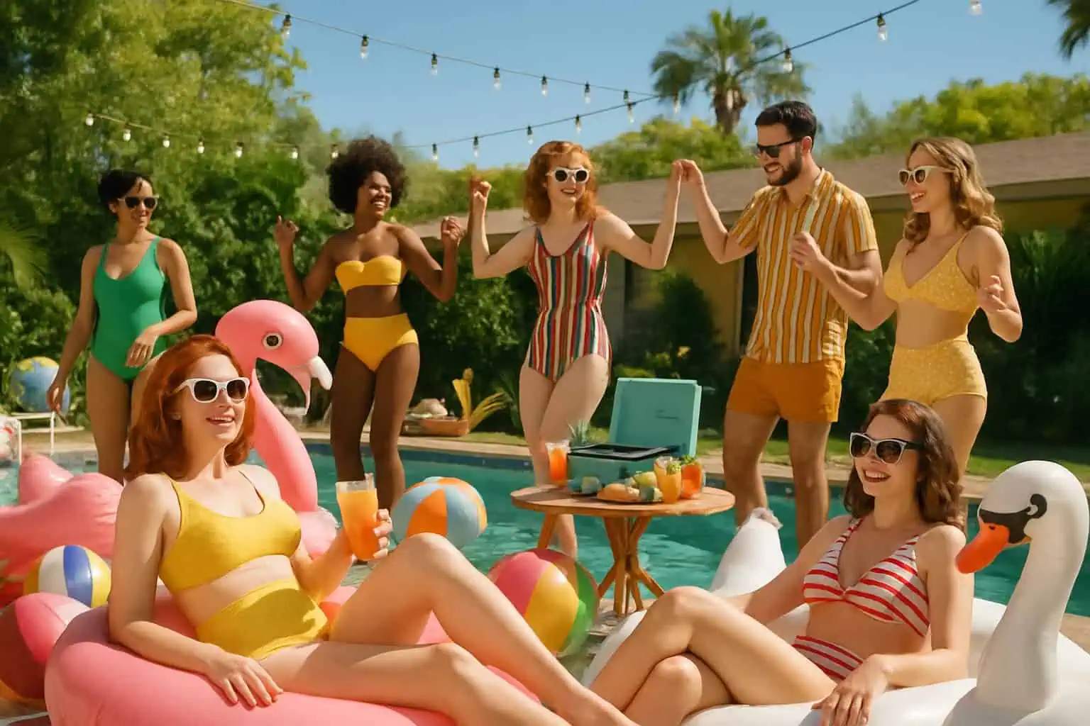 People enjoying a sunny pool party with vintage inflatable toys and classic swimwear around a backyard swimming pool.