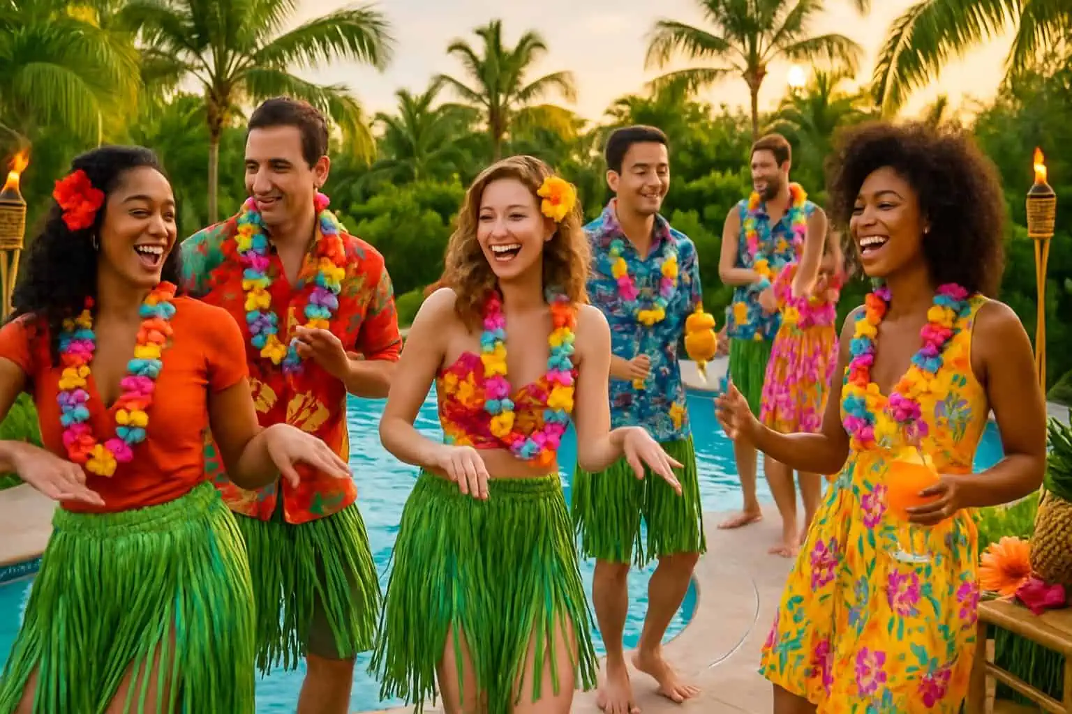 People wearing grass skirts and tropical clothes enjoying a pool party with tiki torches and palm trees around.