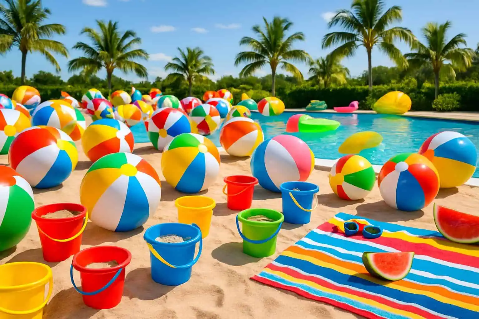 A sunny poolside scene with colorful beach balls and sand buckets arranged on the sand near a swimming pool.