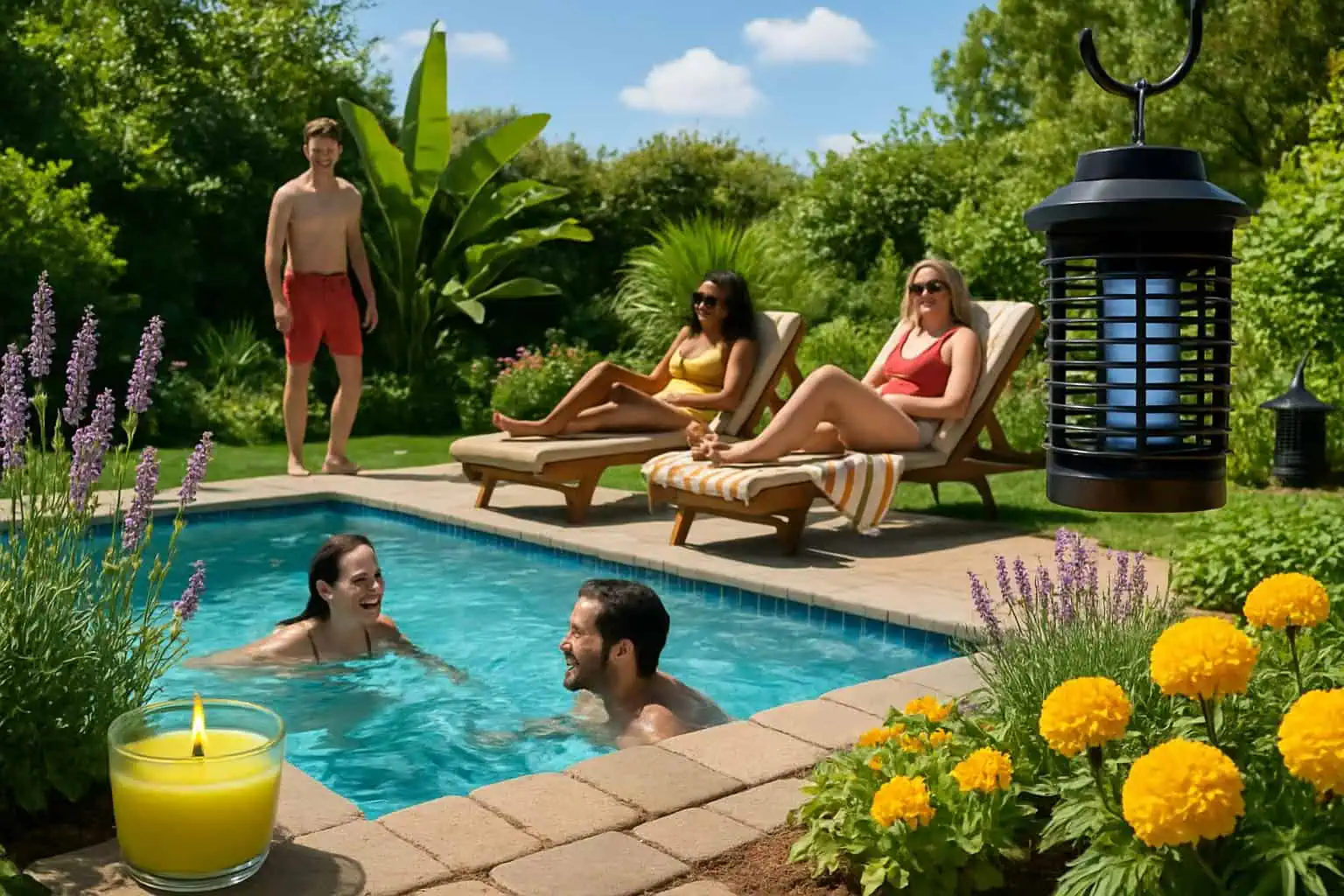 People enjoying a sunny backyard pool party with plants and citronella candles around the pool to keep bugs away.