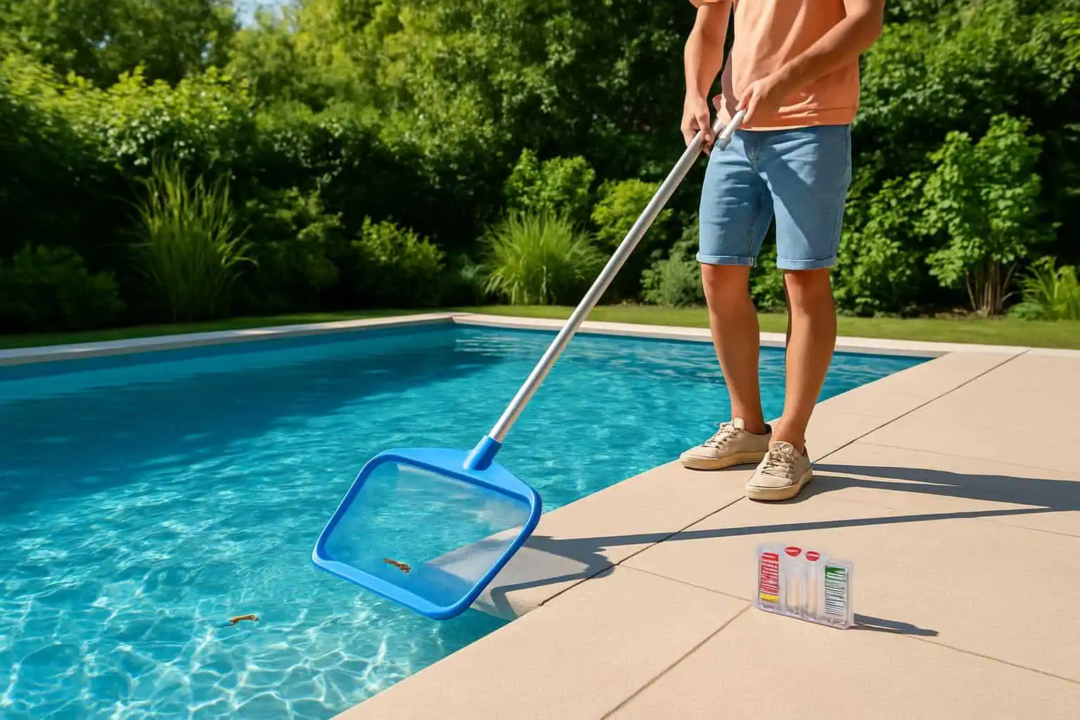 A person cleaning a backyard swimming pool with a skimmer net, clear water and green plants surrounding the pool.