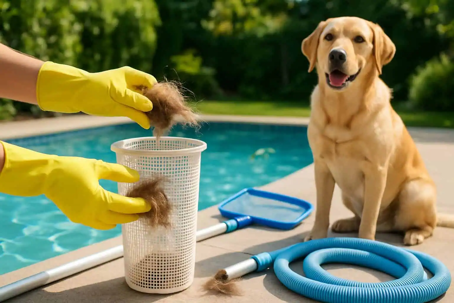 Person cleaning pet hair from a pool filter basket beside a dog sitting near a backyard swimming pool.