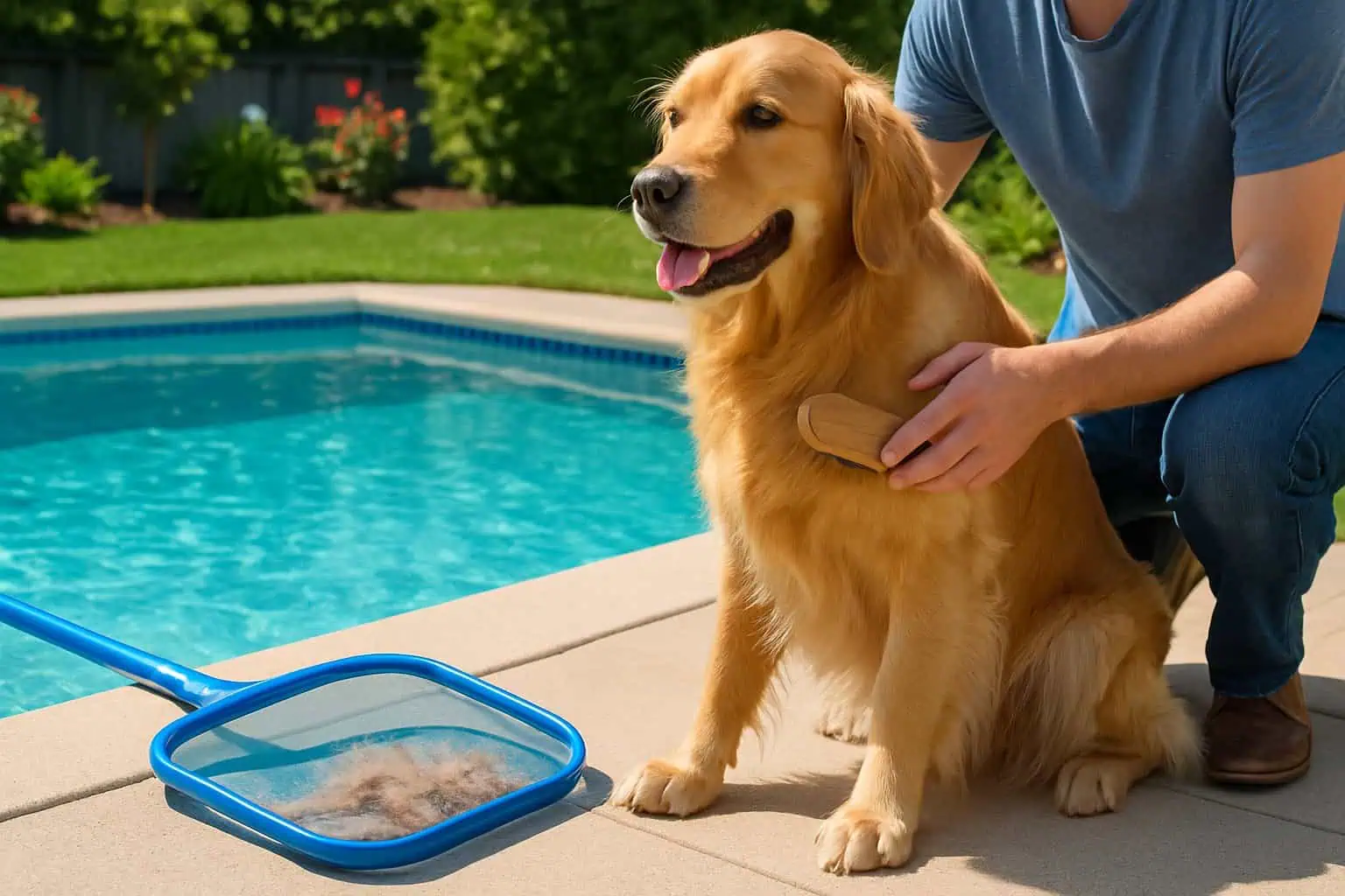 A person brushing a golden retriever near a clean backyard pool with a skimmer net holding pet hair on the pool edge.