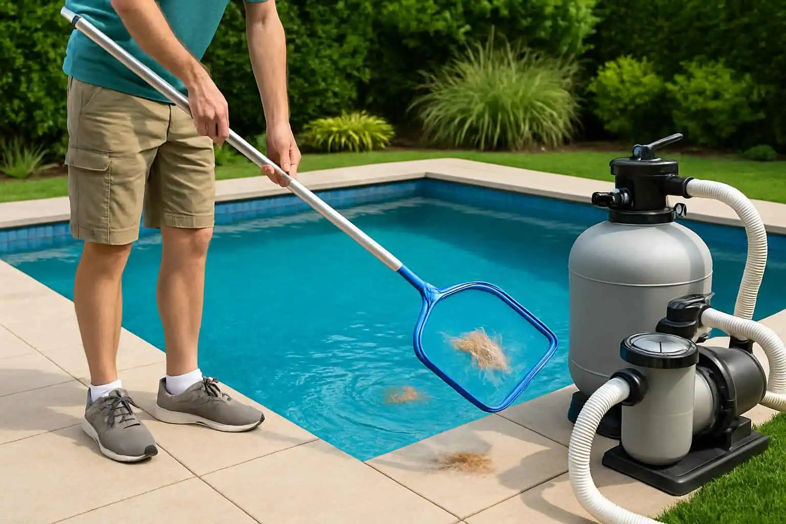 Person cleaning pet hair from a backyard swimming pool using a skimmer net near a pool filter system.