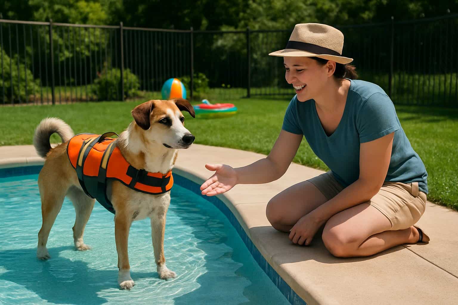 How to Teach a Dog to Be Safe Around a Pool: Step-by-Step Guide 1 An adult encouraging a dog wearing a life jacket to enter a backyard swimming pool safely on a sunny day.