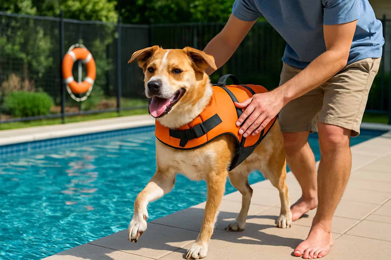 How to Teach a Dog to Be Safe Around a Pool: Step-by-Step Guide 2 A person helping a dog wearing a life jacket enter a backyard swimming pool safely on a sunny day.