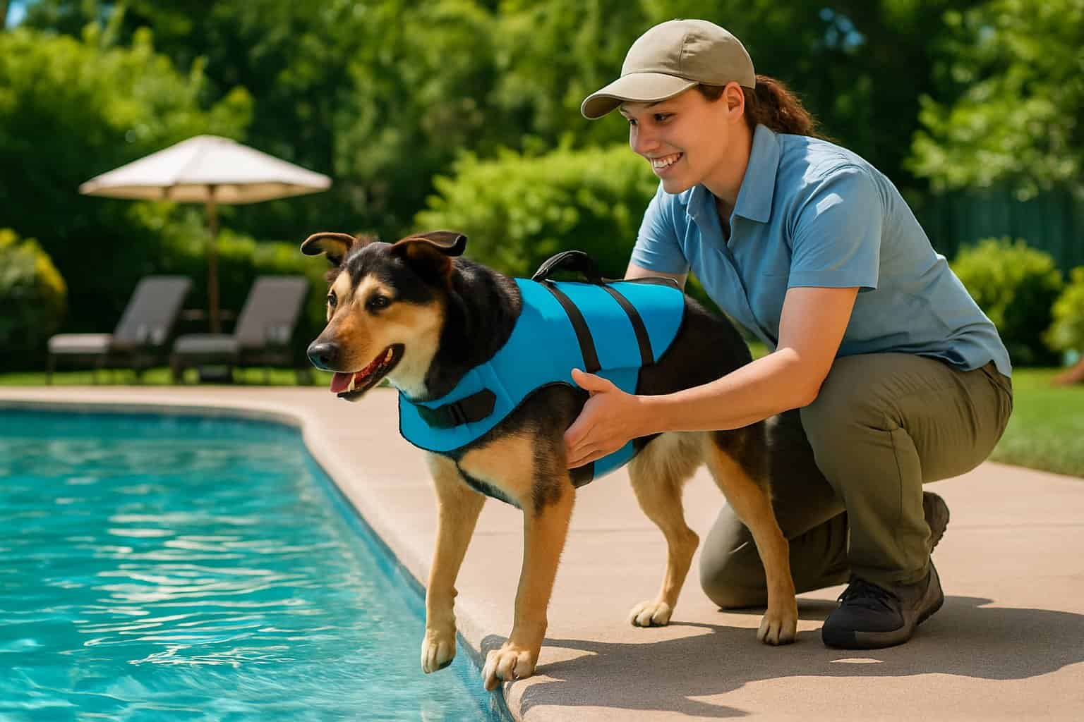 A dog wearing a life jacket is being guided by a person at the edge of a swimming pool on a sunny day.