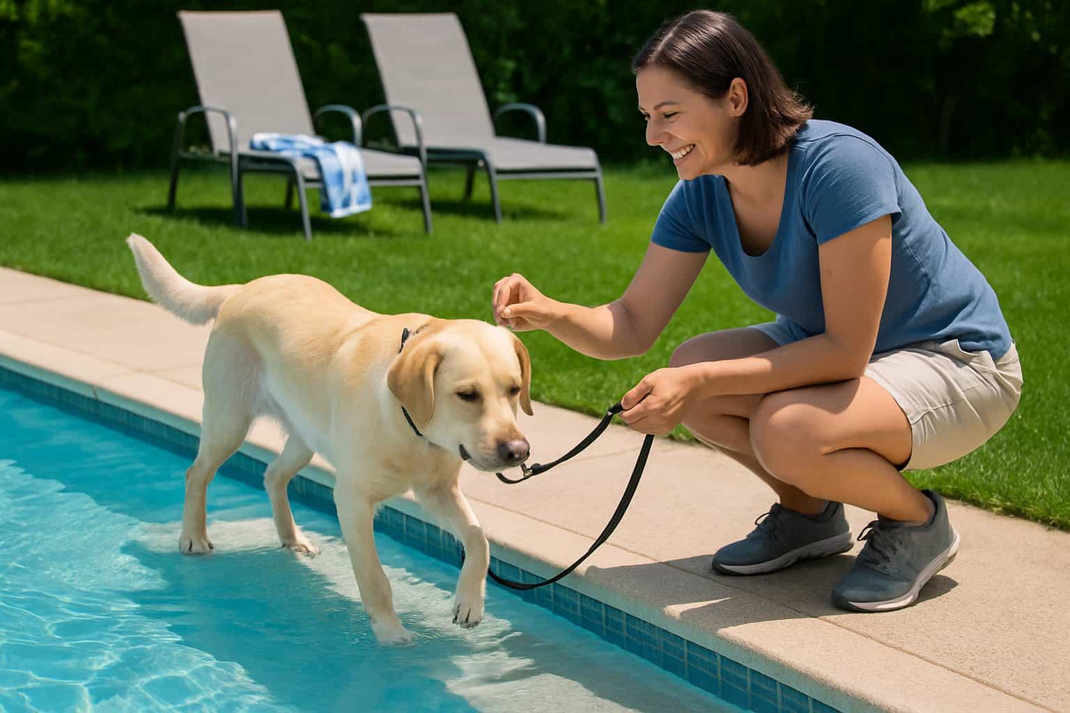 A person guiding a dog into a backyard swimming pool during a training session on a sunny day.