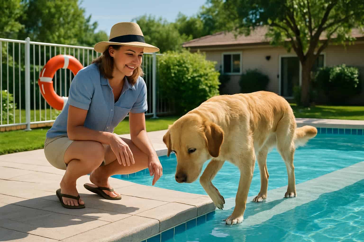 A dog near a swimming pool being supervised by an adult in a backyard setting.
