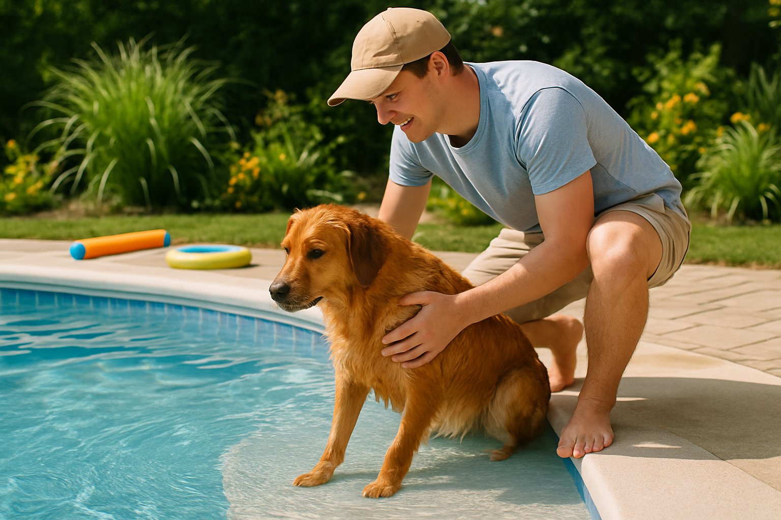 A person gently guiding a dog into a backyard swimming pool on a sunny day.