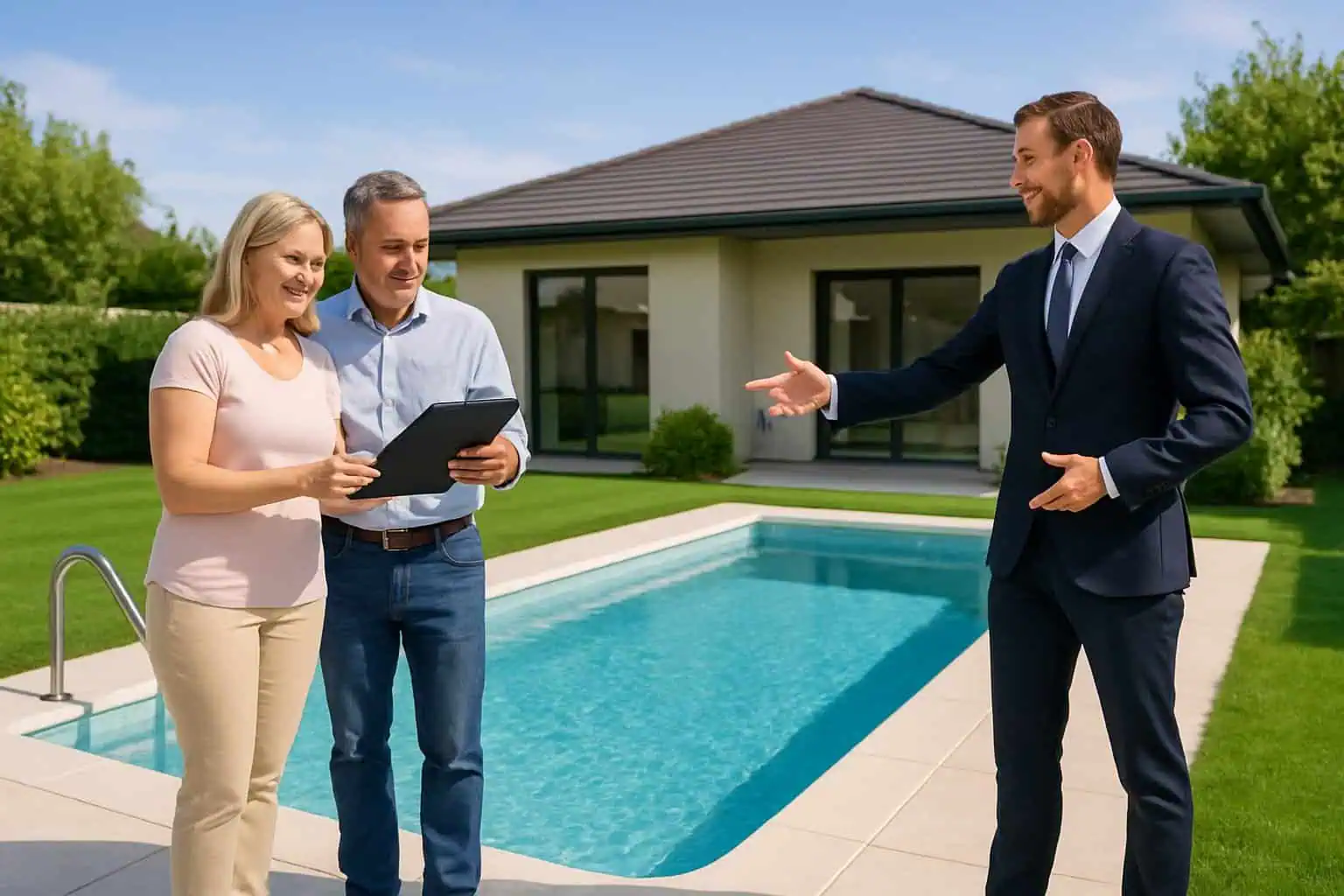 A couple and an insurance agent standing near a backyard swimming pool, discussing documents with a house in the background.
