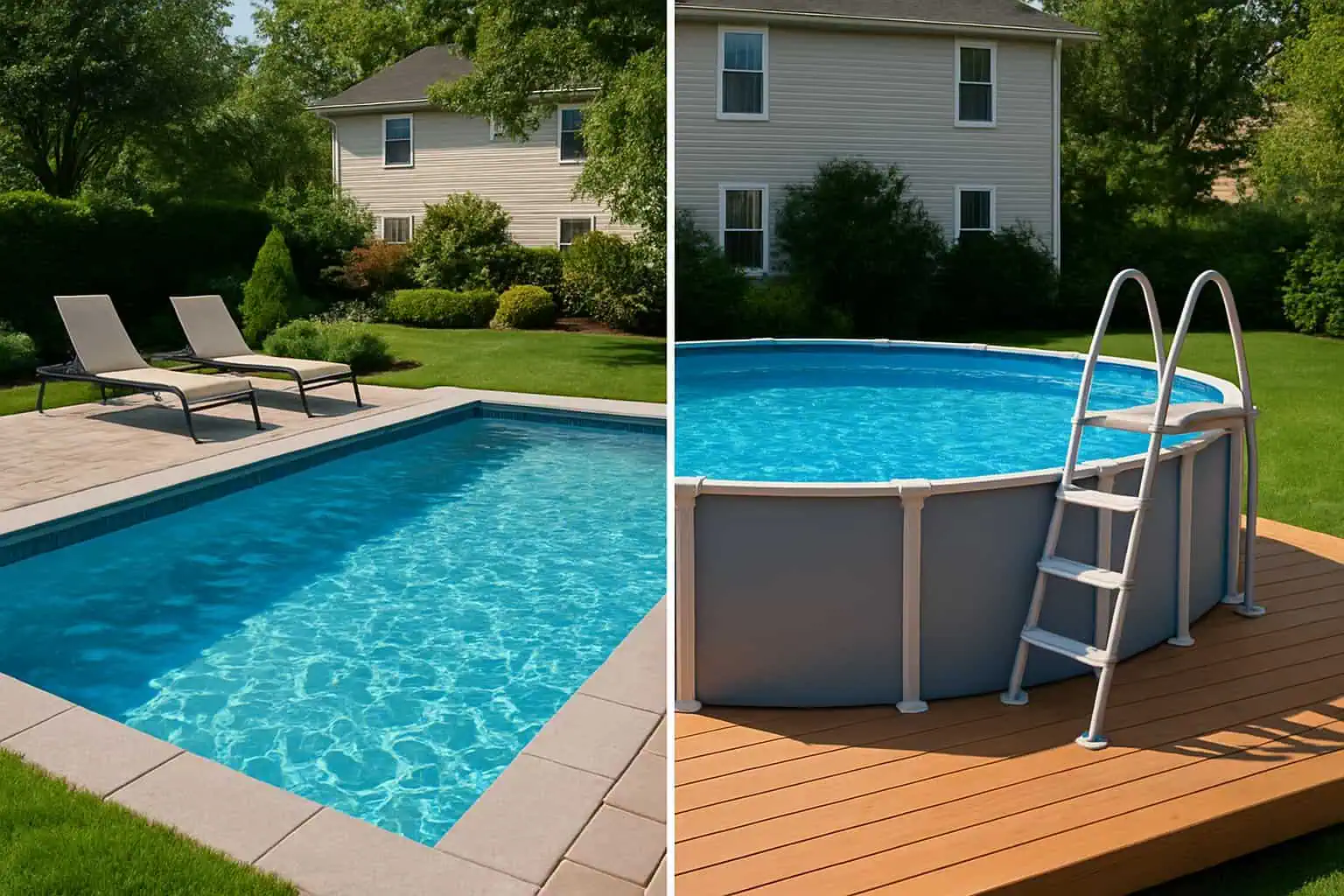 A backyard showing an in-ground pool on one side and an above-ground pool on the other side next to a house.