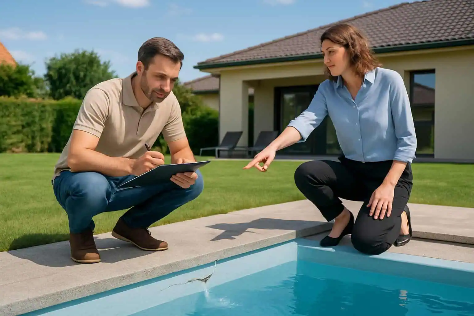 A homeowner and an insurance agent inspecting minor damage around a backyard swimming pool near a modern house on a sunny day.