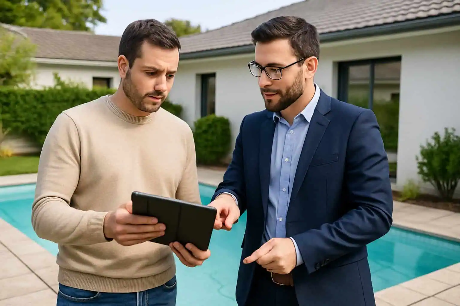 A homeowner and insurance agent discussing pool damage coverage near a swimming pool in a backyard.