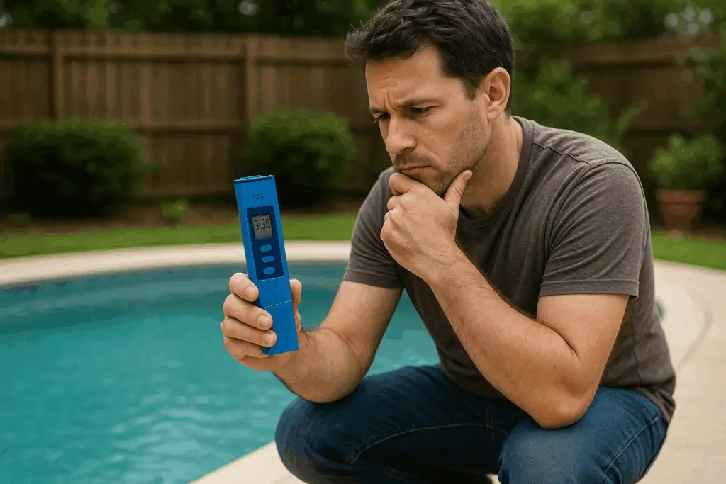  a man looking at the reading on a blue TDS meter with a reading of 3120 kneeling next to his swimming pool and wondering what to do next