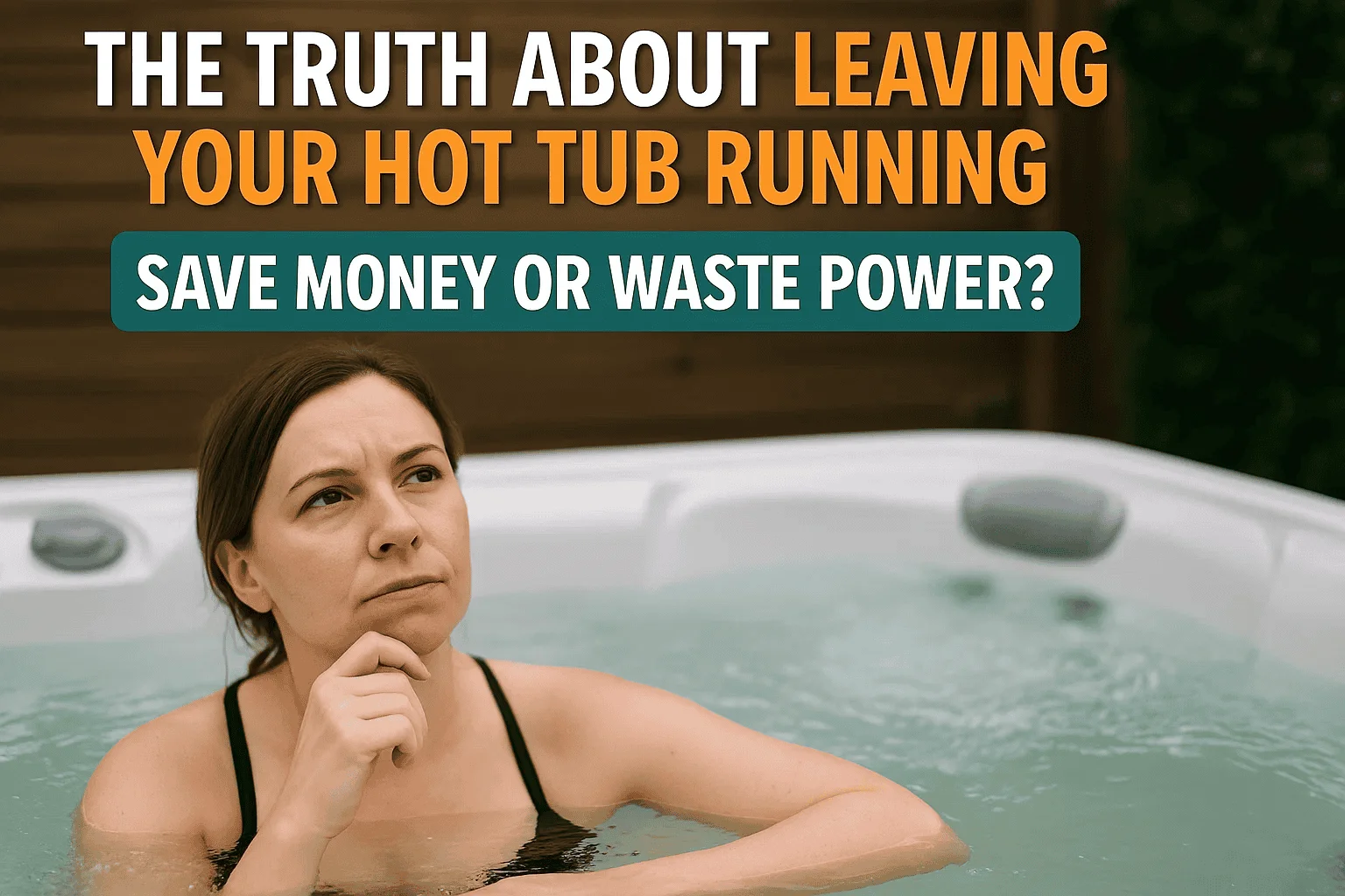 a woman in her 30s lounging in the water in her hot tub pondering, with the heading above in bold, coloured text "The Truth About Leaving Your Hot Tub Running" with "Save Money or Waste Power?" immediately underneath a contrasting coloured block